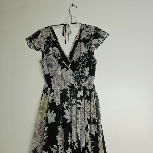 BAND of Gypsies Faux Wrap Dress  Black Floral Chiffon High Low Maxi sz S - Picture 3 of 11